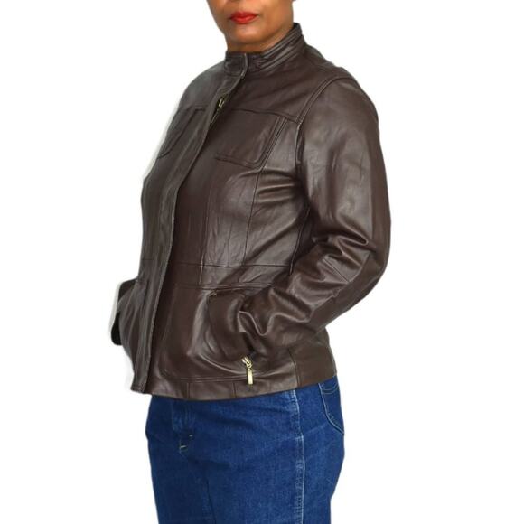 Chicos Leather Jacket Brown Cafe Racer Biker Pockets Zippered Size Small Davita - Picture 15 of 15